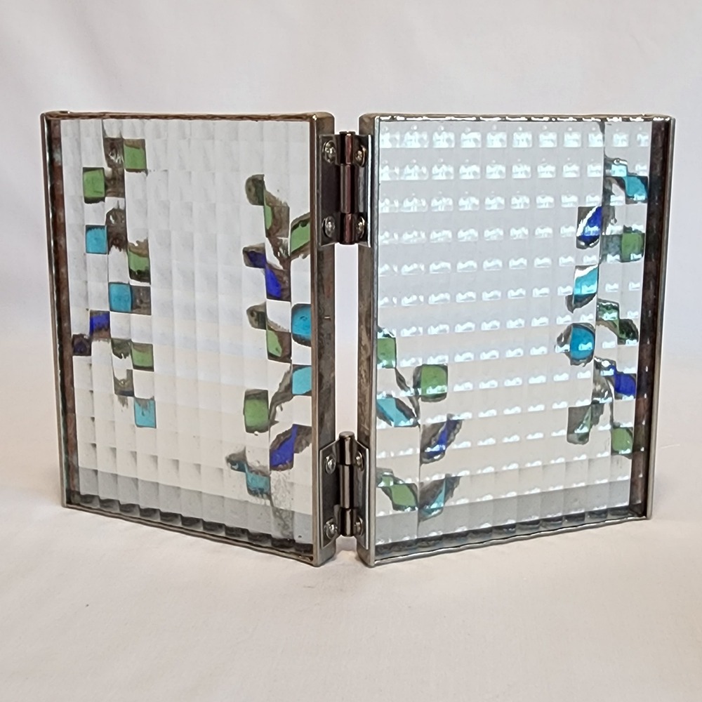 Stained Glass Double Picture Frame Blue Green Botanical Vine Leaf Hinged 5x7 - Picture 3 of 6